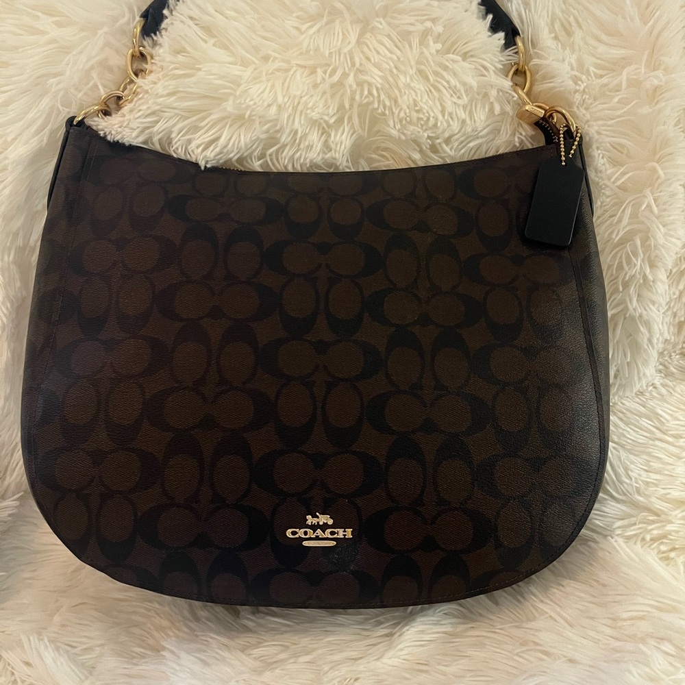 Coach Brown Crescent Shoulder Bag with Monogram Pattern